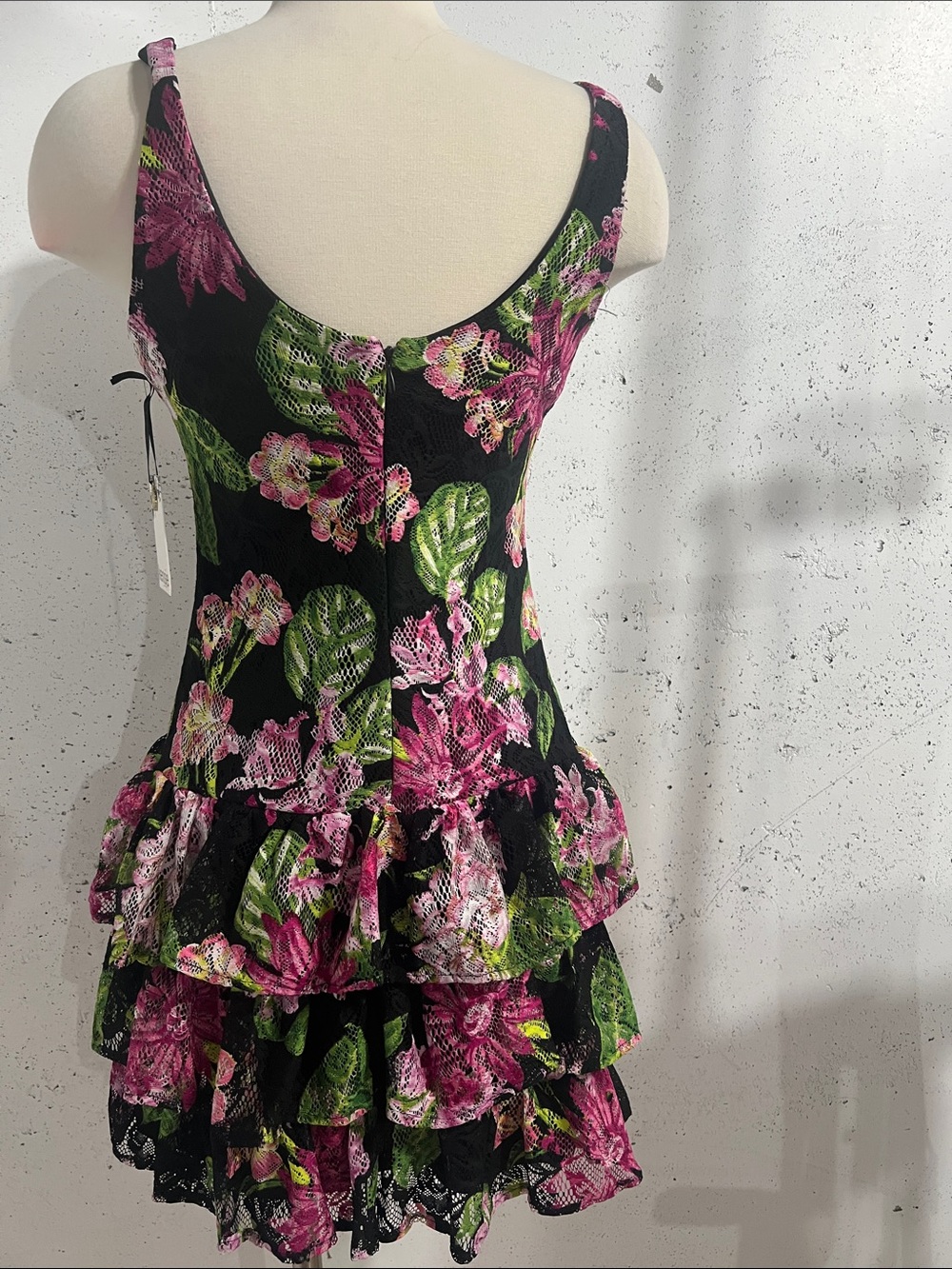 Kensie Black Lace Dress with Pink Floral & Green Leaf Print - Picture 4 of 7